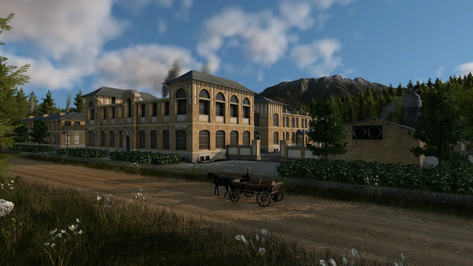 A horse-drawn cart on a dirt road in front of an old brick factory in Transport Fever 3